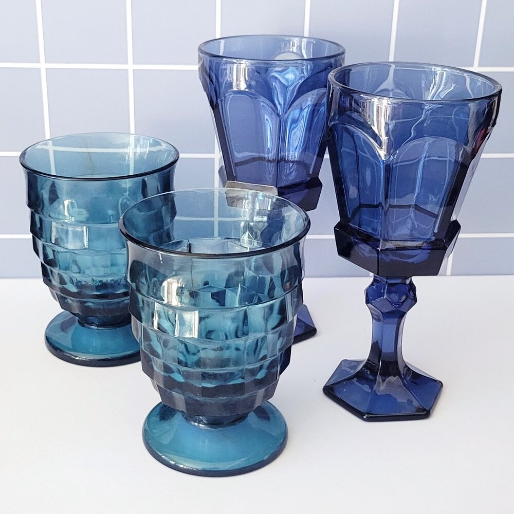 Mixed Mismatched Set of 4 Blue Vintage Drinking Glasses